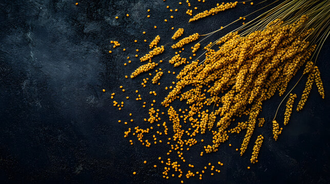 Golden millet ears glowing in the soft light, scatteed across a dark matte surace.