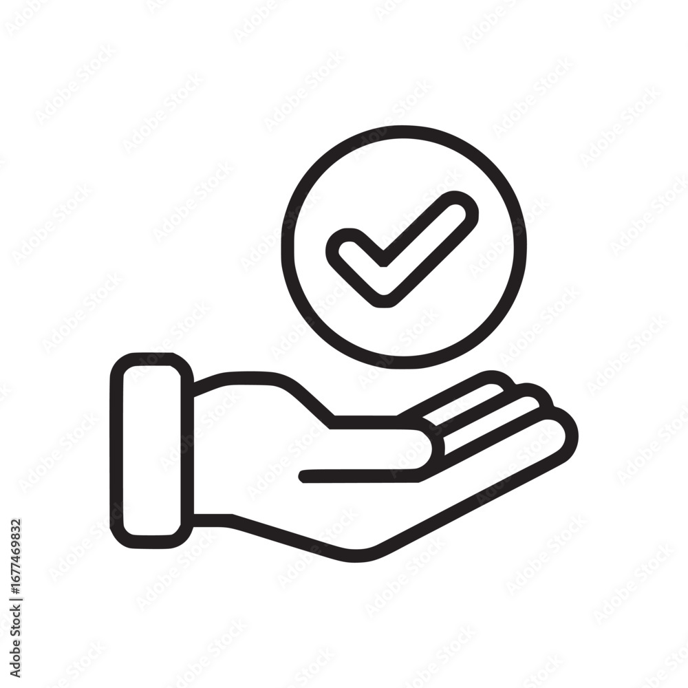 Poster hand offering a check mark inside a circle in a black outline on a white background vector design