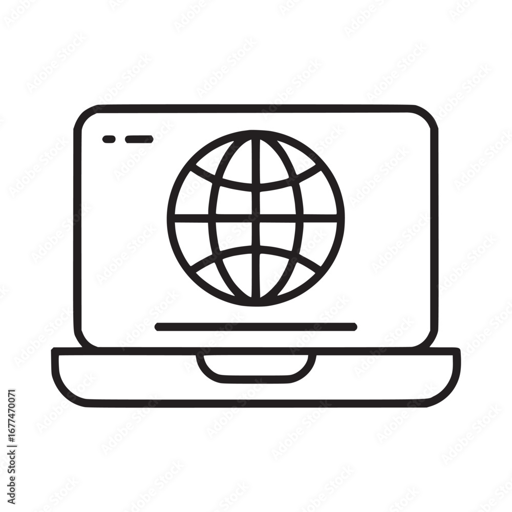 Aufkleber a simple line drawing of a laptop displaying a globe icon on its screen in black and white style