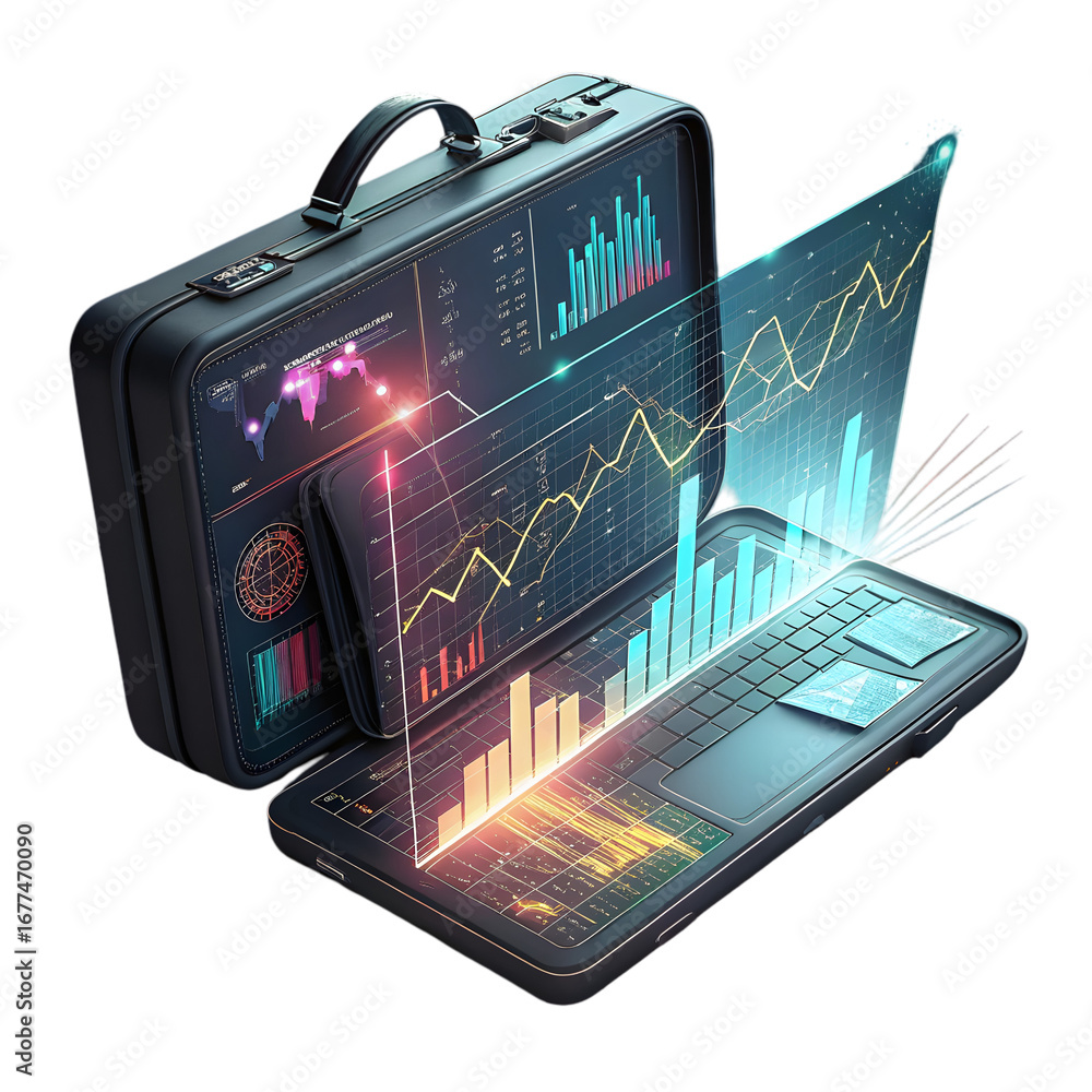 Poster briefcase displaying holographic financial data isolated on a transparent background charts png file