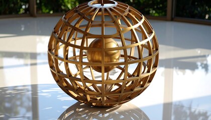 Abstract Globe Sculpture Golden Sphere Geometric Design