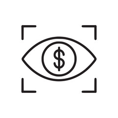 A stylized eye with a dollar sign inside and focus brackets on a white background in line art