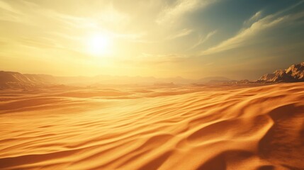 A vast desert landscape bathed in warm sunlight, featuring rolling sand dunes and a clear sky, evoking a sense of tranquility and isolation.
