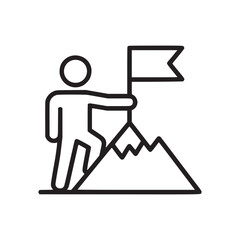 Outline drawing of a person climbing a mountain and placing a flag on the top of the mountain peak