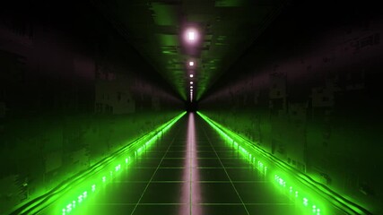 Sleek, dark datacenter corridor featuring green glowing illumination, stretching along reflective floor through endless technological infrastructure with futuristic design and seamless perspective - Powered by Adobe