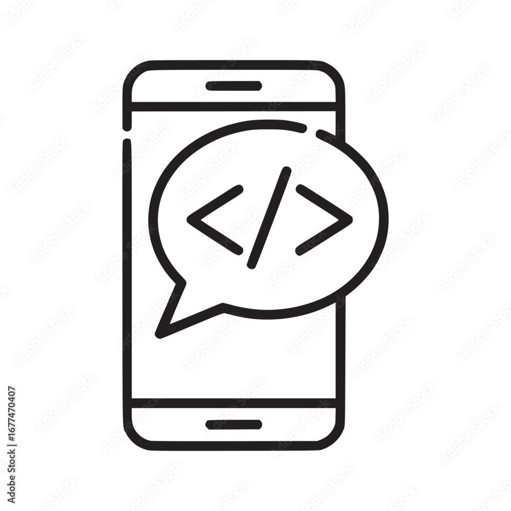 Poster illustration of a smartphone with a code symbol in a speech bubble on a white background