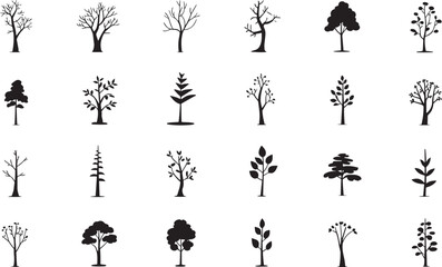 Naklejka premium Naked trees silhouettes set. Hand drawn isolated illustrations.