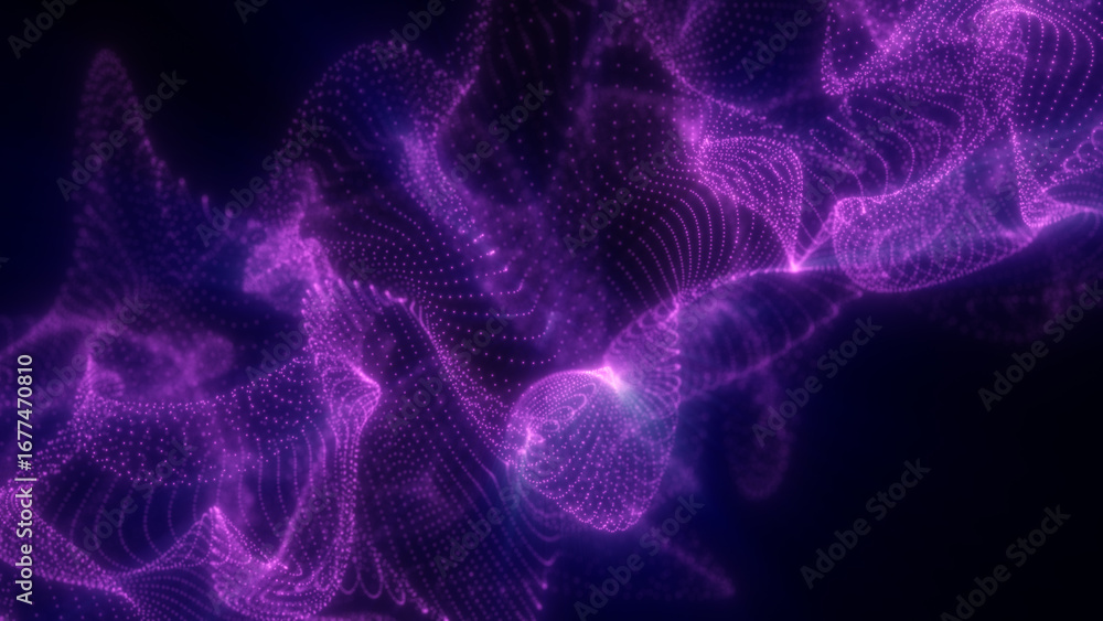 Poster vivid purple glowing particles form an intricate dynamic mesh in dark space, resembling a flowing di