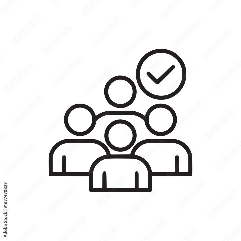 Poster teamwork icon showing collaboration with check mark indicating approval and task completion in black