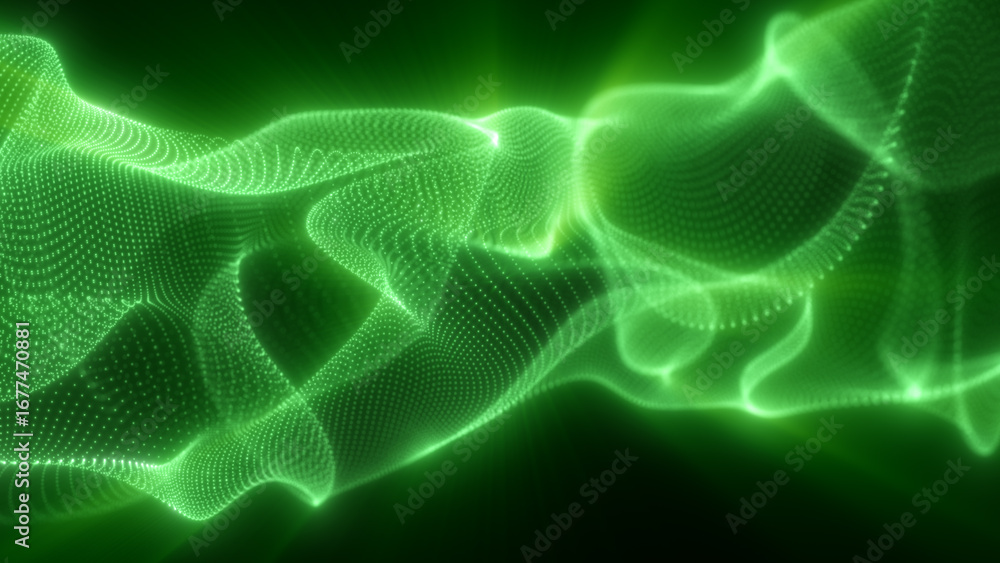 Poster vivid green digital waves composed of glowing particles twist and flow through a dark background in 
