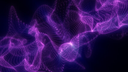 Vivid purple glowing particles form an intricate dynamic mesh in dark space, resembling a flowing digital network