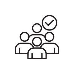 Teamwork icon showing collaboration with check mark indicating approval and task completion in black outline