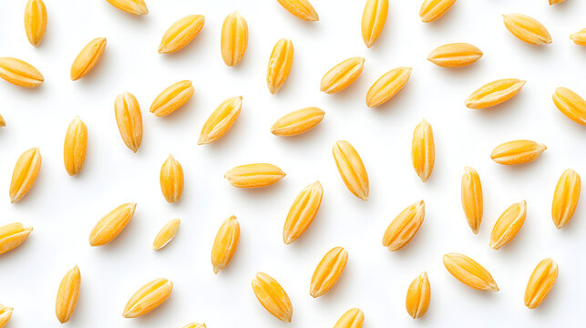 Golden millet grains in smll size, scattered across  white background, showcasng their natural form and exture.