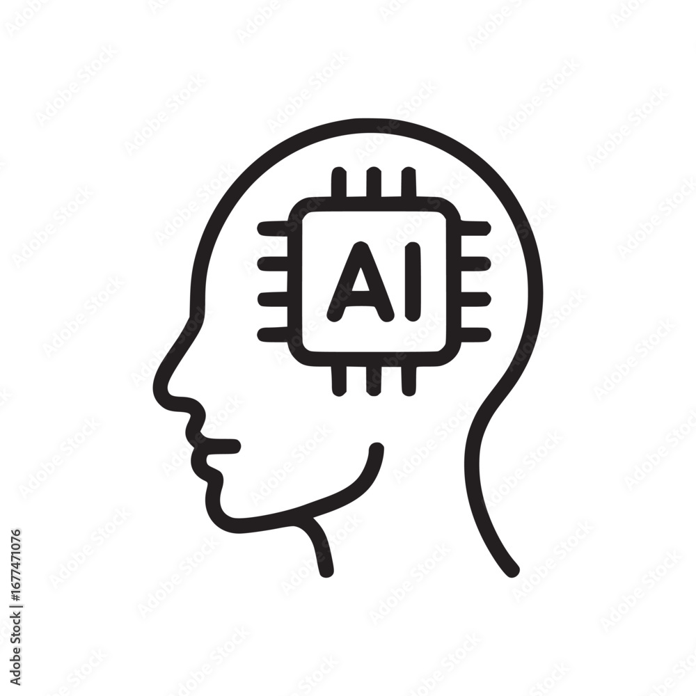 Poster human head outline with ai chip inside representing artificial intelligence concept on white backgro
