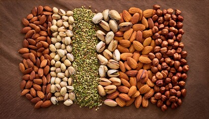 Naklejka premium colorful assortment of various nuts and seeds arranged in stripes including almonds pistachios and lentils on a textured brown background
