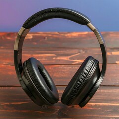 Black headphones on wooden table (1)