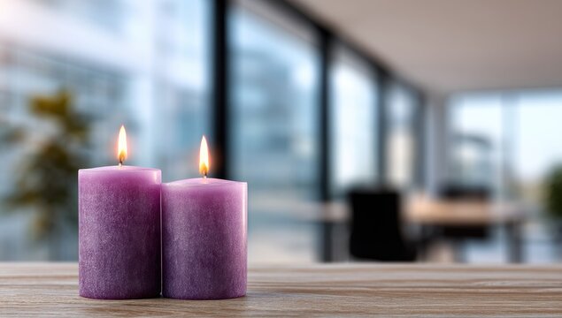 Two burning purple candles on a wooden table with a blurred modern interior background. - Powered by Adobe