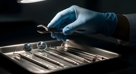 A gloved hand holds dental forceps over a tray of sterile dental instruments in a dimly lit setting
