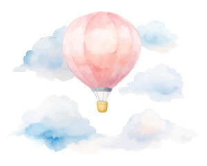 Fototapeta premium Watercolor Hot Air Balloon with Clouds