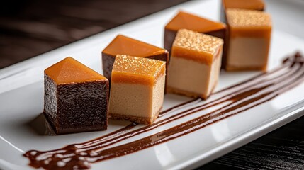 Marzipan decoration displaying sophisticated square confections in amber and ivory hues methodically plated with artistic chocolate sauce presentation