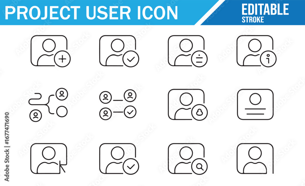 Poster collection of user icons featuring add, verify, and connection symbols for project management.