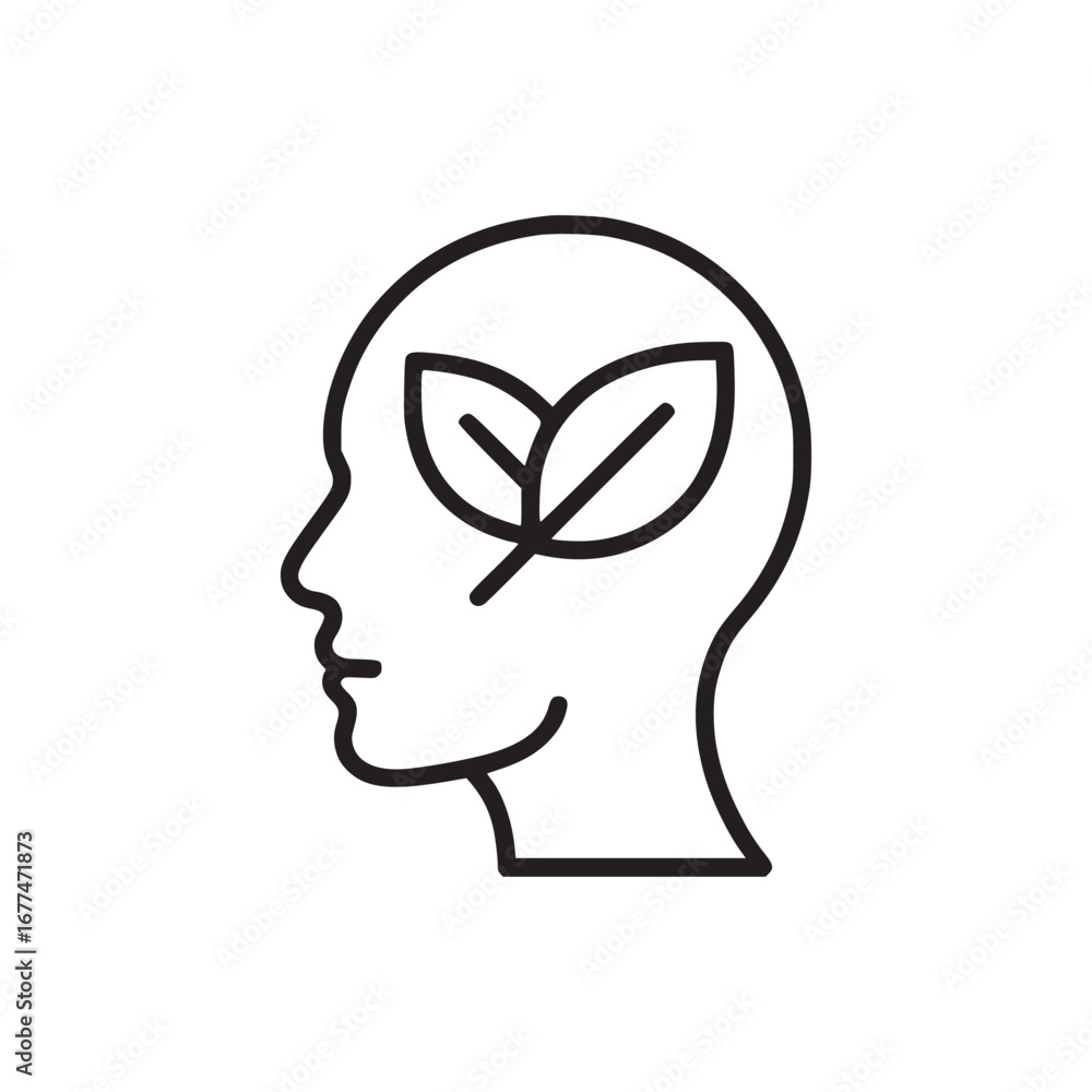 Poster outline of a head in profile with two leaves inside the head on a white background in simple style