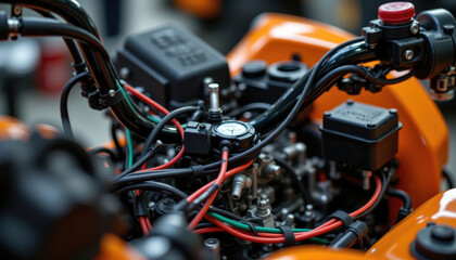 Fototapeta premium Motorcycle wiring harness with red and green cables connected to black control boxes on orange vehicle, showing detailed electrical components and mechanical parts