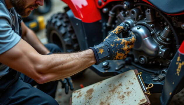 Mechanic wearing gloves tightening engine part on red ATV with dirty clipboard nearby, focused on repair work in workshop environment
