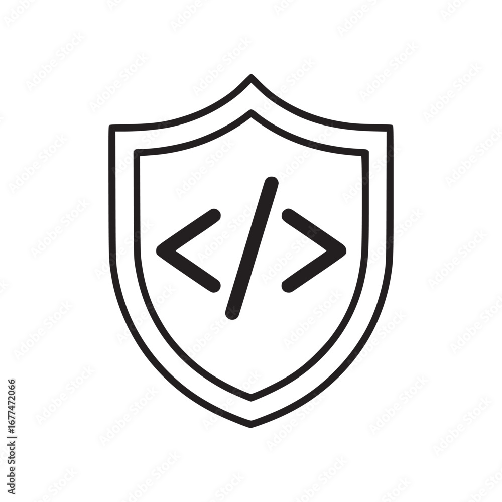 Poster a black and white illustration of a shield with code symbols inside on a white background image view