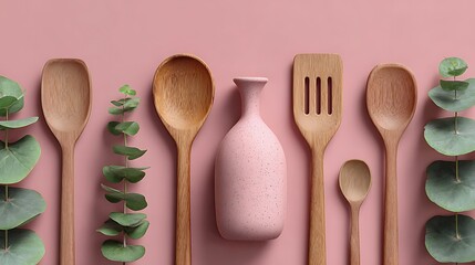 Rustic wooden kitchen utensils and small ceramic vase arranged artfully on a pastel pink surface with greenery accents