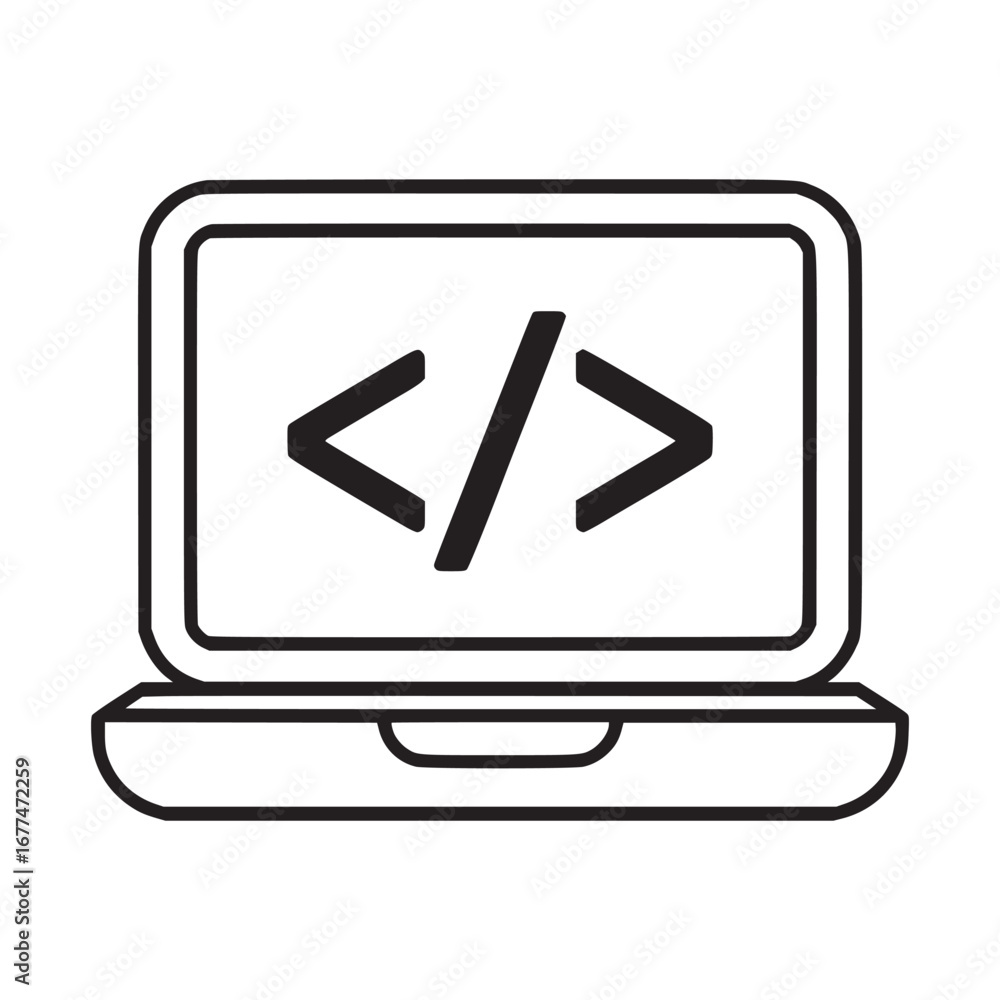 Poster outline illustration of a laptop displaying coding symbols against a plain white background view