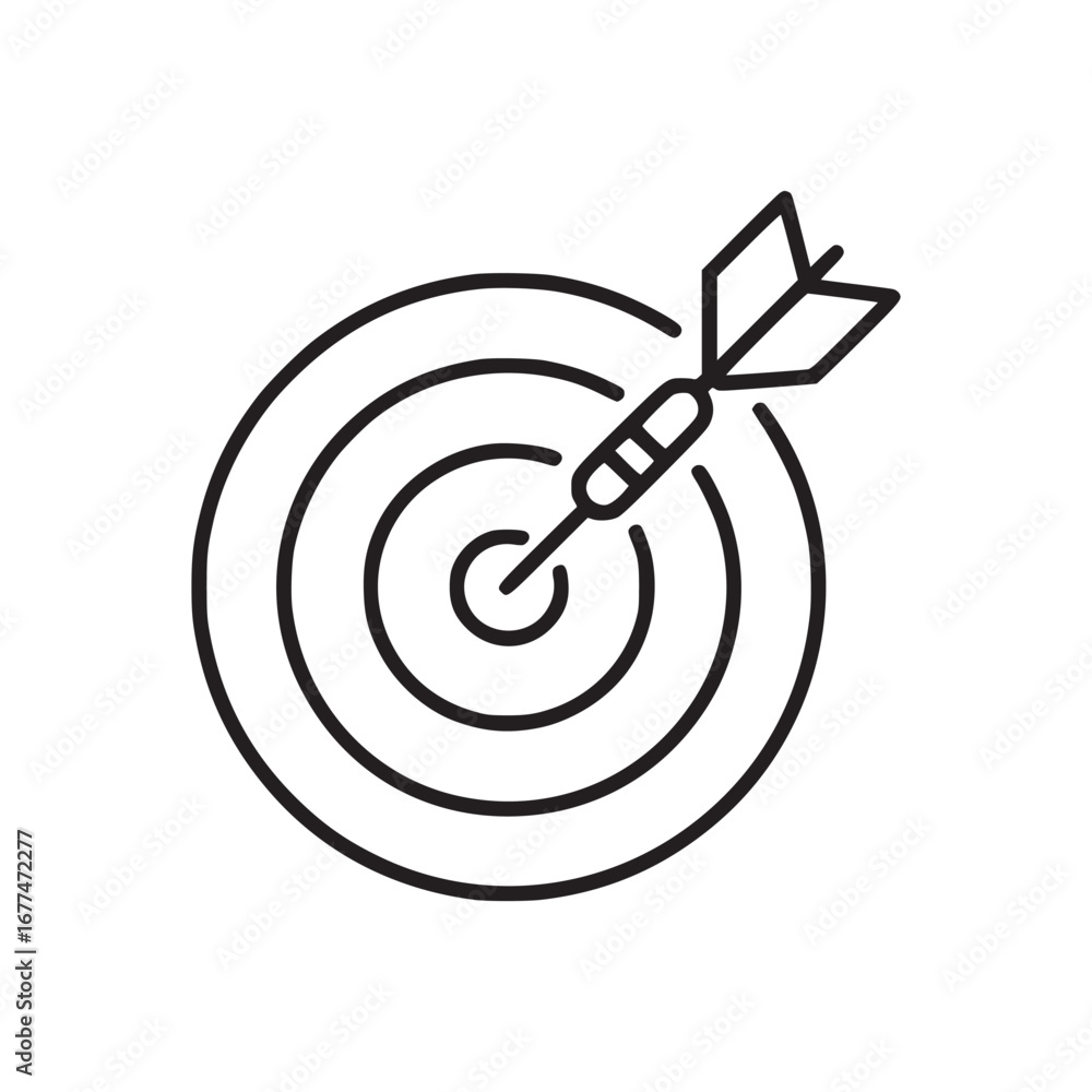 Fototapete dart hitting the center of a target with concentric circles in a simple black line drawing style
