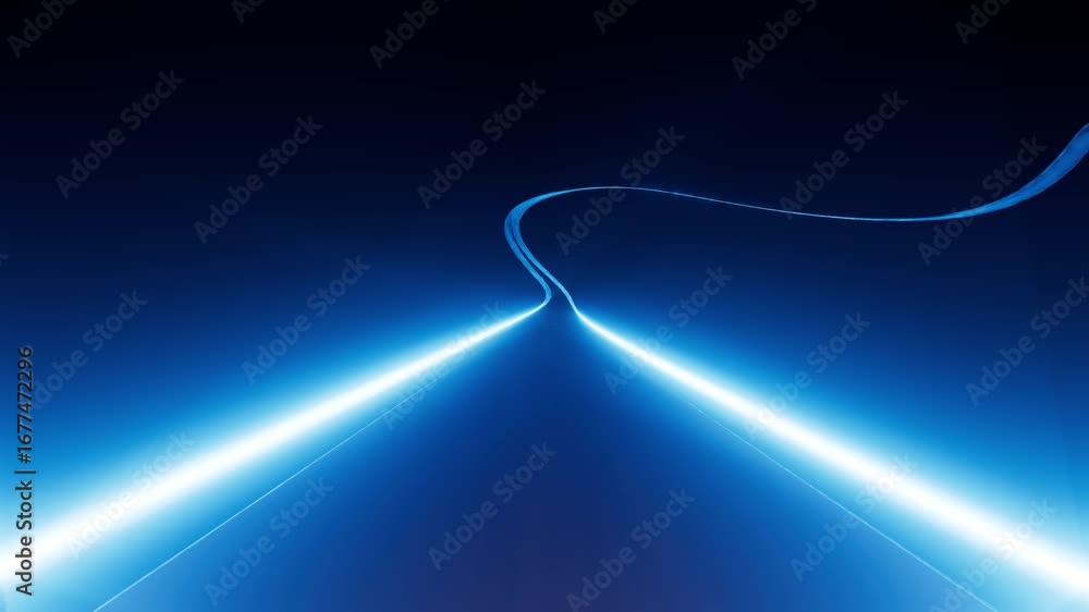 Poster glowing neon light trails create dynamic patterns, expanding, converging, and curving on a dark back
