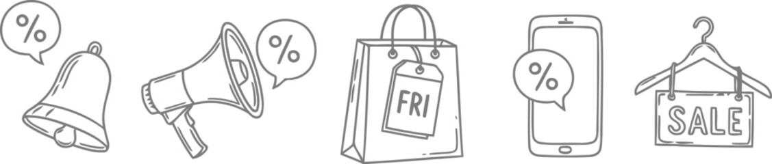 Vector art of black friday sale icons featuring shopping bag, megaphone, bell, phone, and hanger
