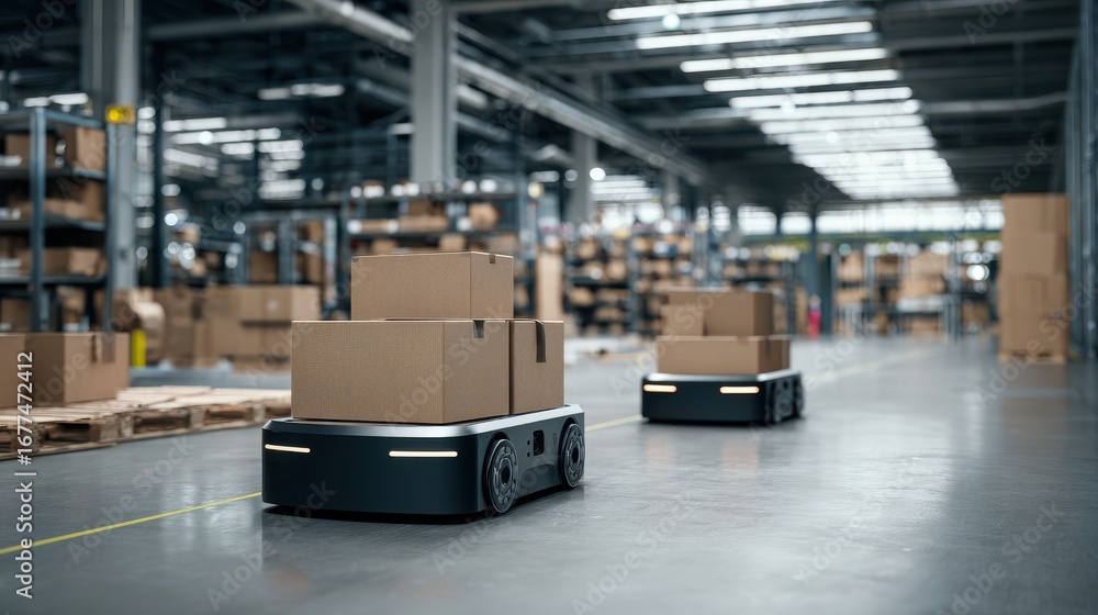 Poster stunning photo of delivery robots transporting cardboard boxes in a large warehouse setting.