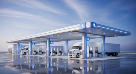 Hydrogen refueling station with trucks parked under canopy on a sunny day
