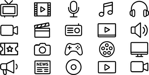 Entertainment and Media Vector Icon Set | TV, Film, Music, Gaming, Radio, Microphone, News, Theater, Photography, Social Media, Streaming, Multimedia, Communication EPS