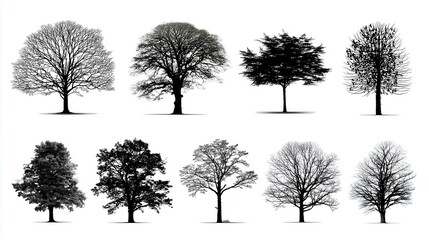 Stunning photo of collection tree silhouette isolated on white background.