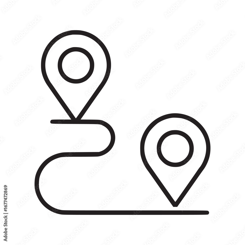 Poster black outline of a route with two location markers on a white background in a simple illustration