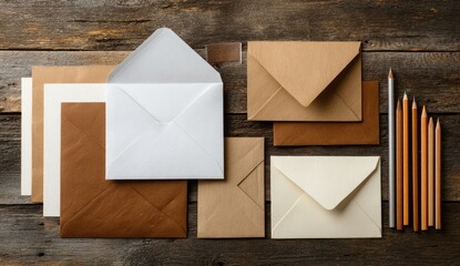 Envelopes and stationery on rustic wood