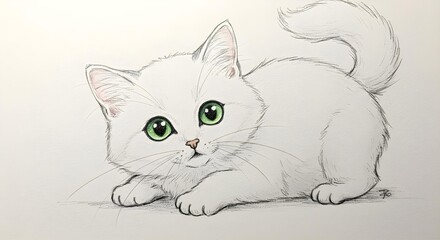 Cute white fluffy kitten with green eyes, hand-drawn sketch style illustration, adorable pet art. 4K image