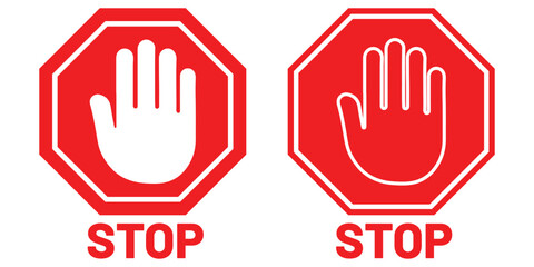 Obraz premium Set of Stop street icon collection. Stop sign icon with hand, do not enter. Stop hand, hand gesture. Warning stop sign vector illustration.