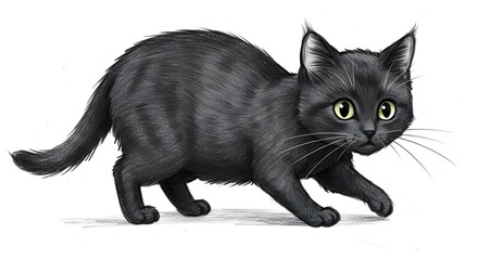 Pencil sketch of fluffy gray kitten with big round eyes. Cute hand-drawn cat illustration, 4K image.