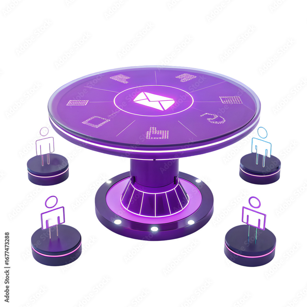 Poster futuristic purple meeting table with holographic interface and digital avatars isolated on a transpa