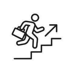 A minimalist line art illustration of a person climbing stairs with a briefcase and upward arrow