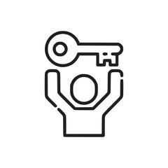 Illustration of a person holding a key above their head in a simple black and white line drawing style