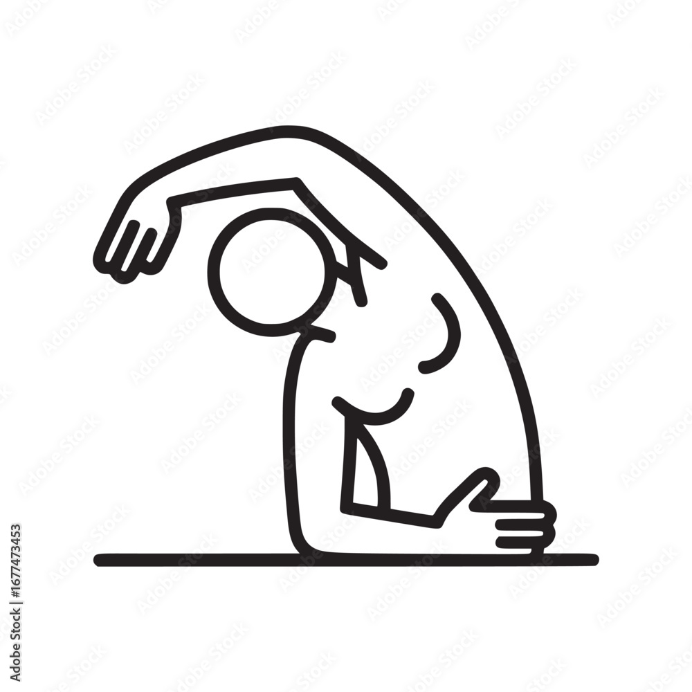 Poster minimalist line drawing of a person stretching to the side with arm extended overhead on white backg
