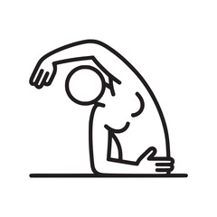 Minimalist line drawing of a person stretching to the side with arm extended overhead on white background