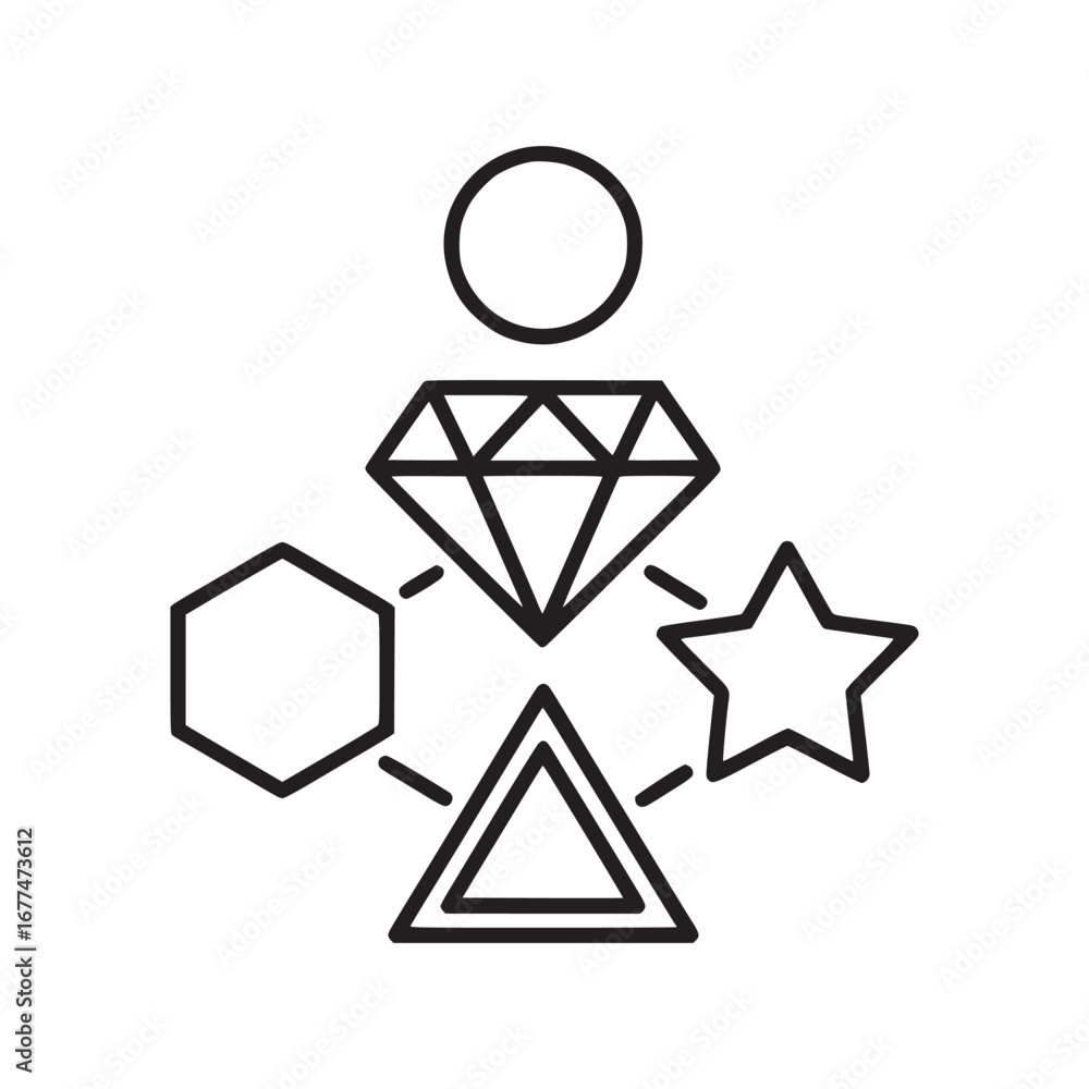 Poster outline drawing of a circle above a diamond connected to other shapes in a network design on white