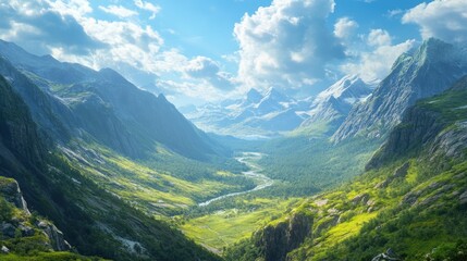 A breathtaking valley scene featuring lush green hills and majestic mountains under a bright blue sky with fluffy clouds.
